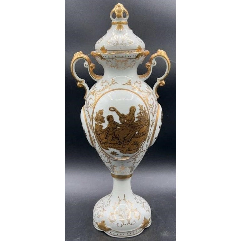 Antique Victorian Porcelain Vase Gold Gilt Lidded Ornate Handles 16" Tall