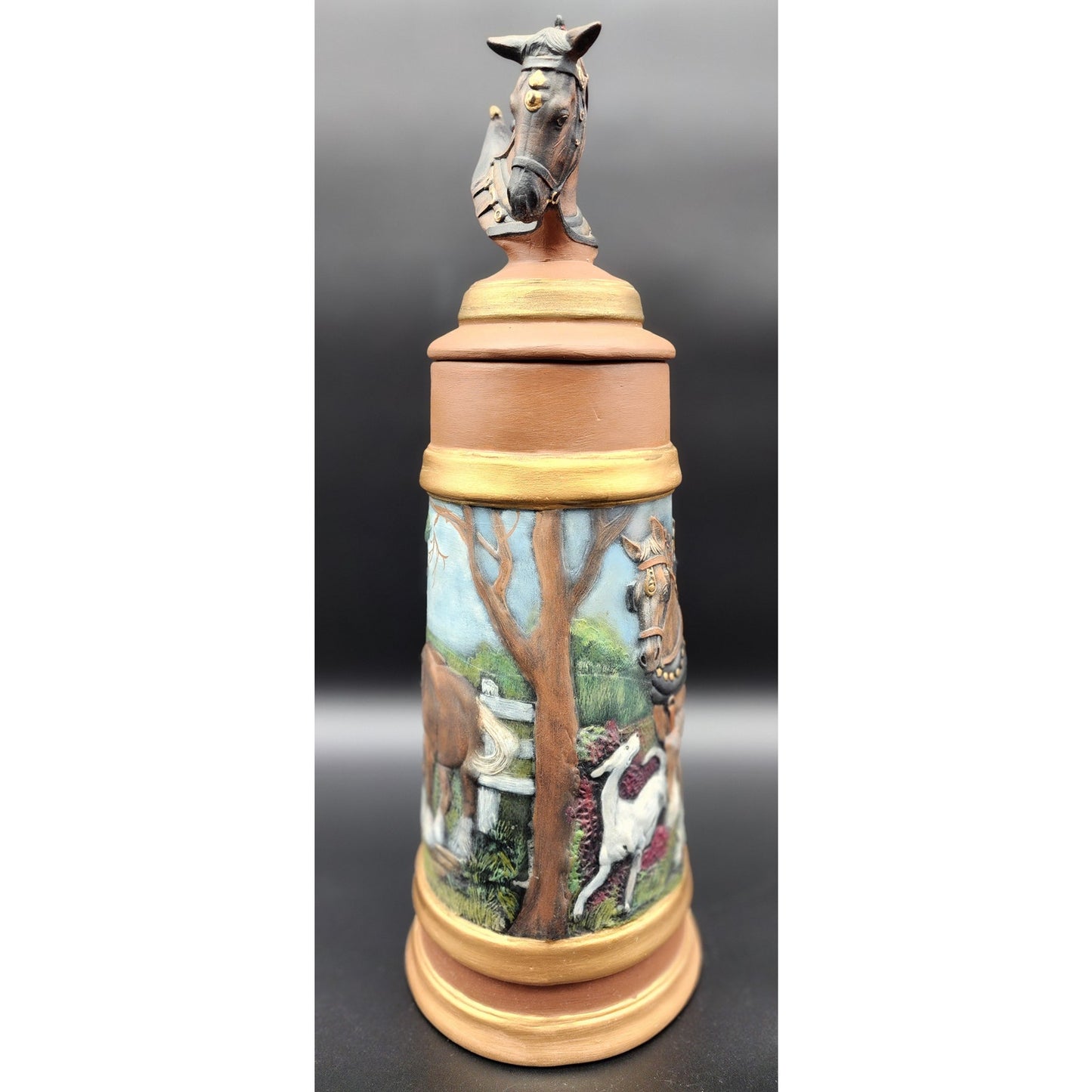 Vintage 18.5" German Horse Head Lidded Beer Stein Raised Relief Hand Painted