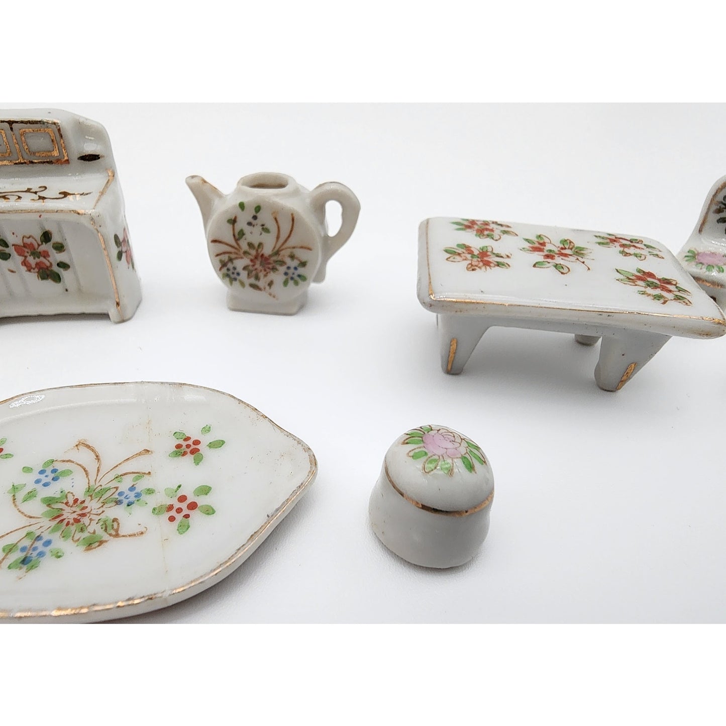 Vintage Porcelain Miniature Dollhouse Furniture Set 19pc Floral 22K Gold Japan