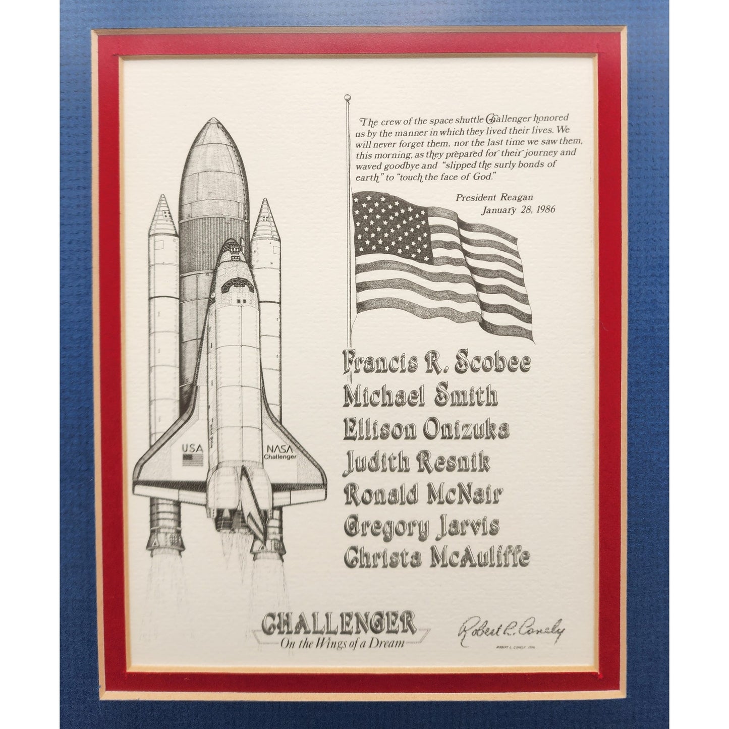 1986 Challenger “On the Wings of a Dream” Framed Lithograph by Robert L. Conely