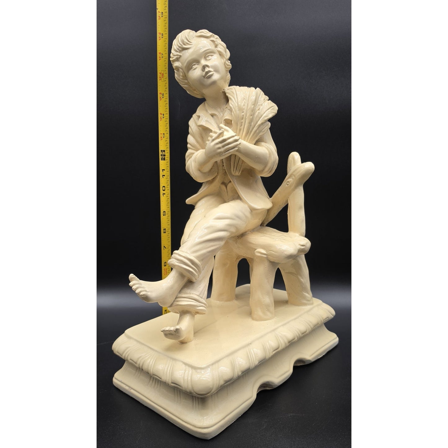 Vintage Pale Yellow Alabaster Boy Sculpture on Rustic Bench 18.5" 11 lbs