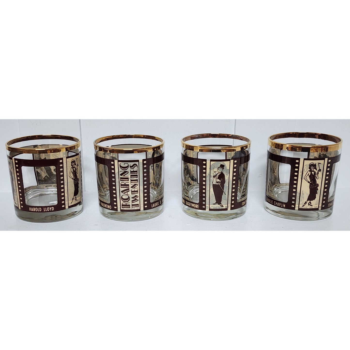 HouzeArt Roaring Twenties Filmstrip Glasses Set w/ Copper Rims Vintage