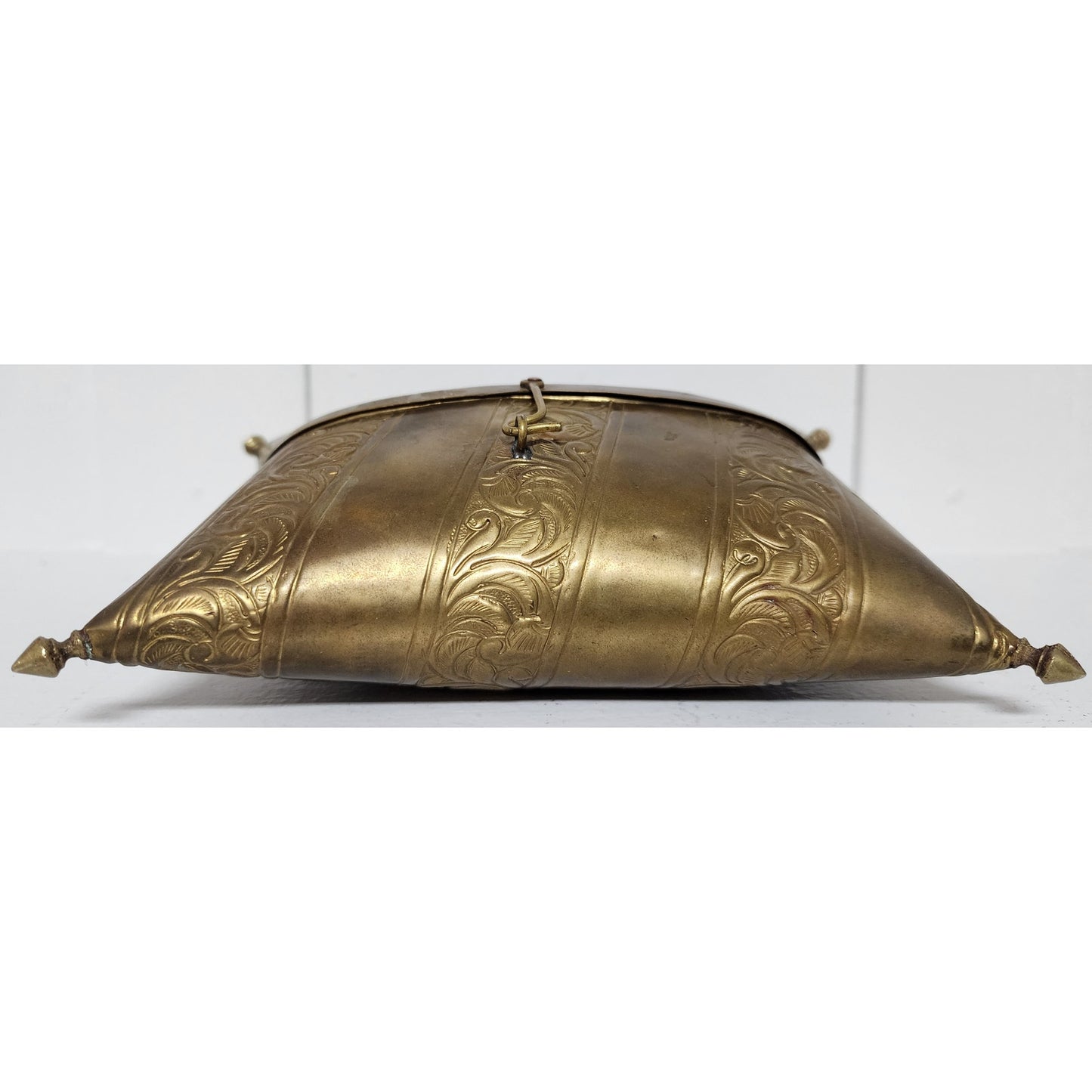 Vintage Brass Pillow Purse w/ Engraved Panels & Purple Velvet Lining