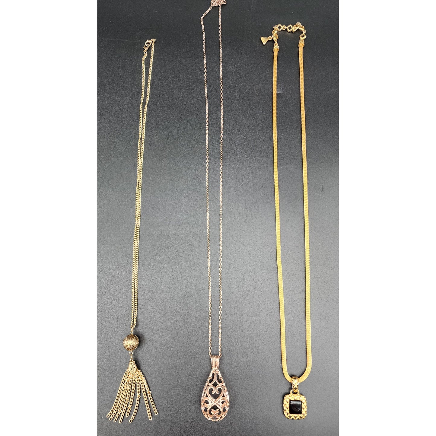 Set of 3 Vintage Gold & Rose Gold Necklaces Tassel Filigree Pendant Lot - 1980s