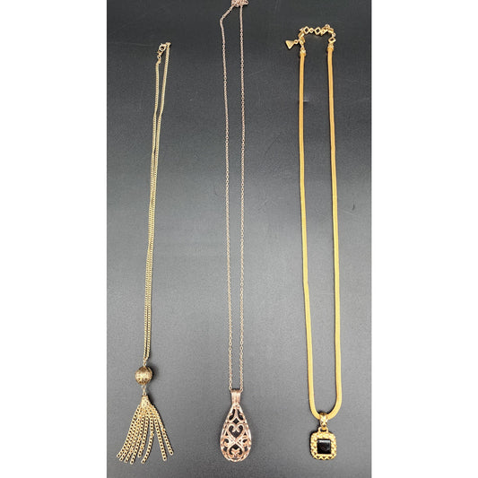 Set of 3 Vintage Gold & Rose Gold Necklaces Tassel Filigree Pendant Lot - 1980s