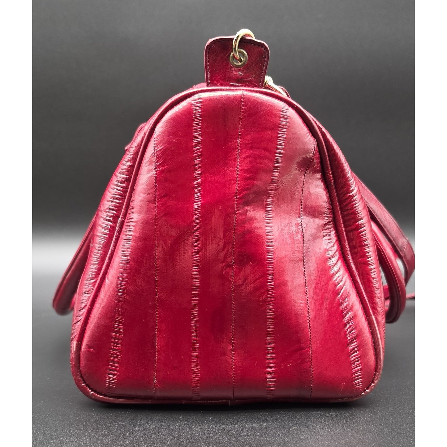 Vintage Genuine Eel Skin Burgundy Handbag Korea w/ Strap & Brass Hardware