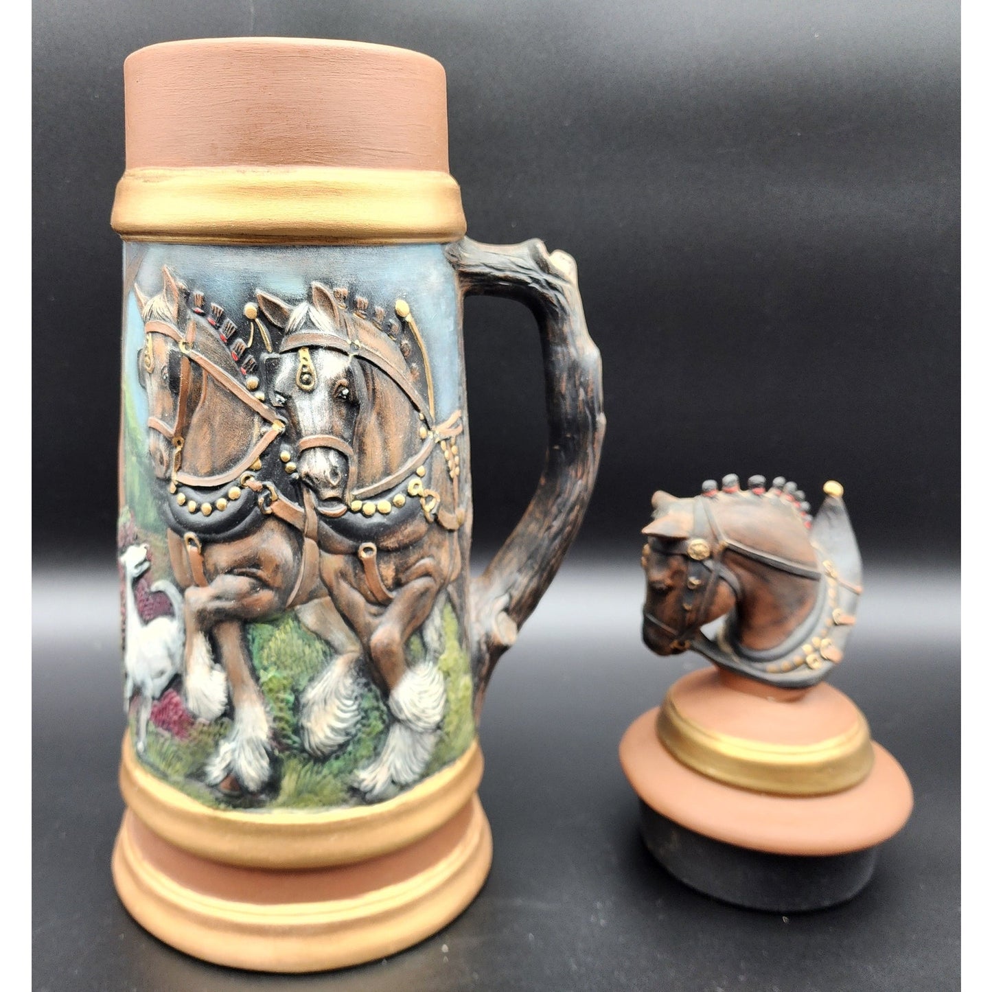 Vintage 18.5" German Horse Head Lidded Beer Stein Raised Relief Hand Painted