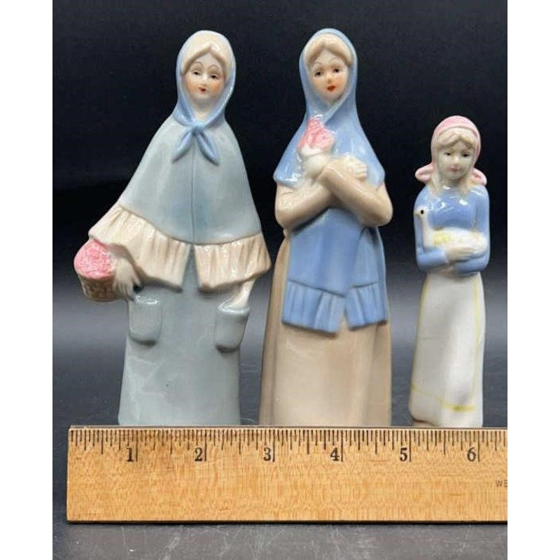 3 VTG Frankel Porcelain Lady Figurines Old Lady, Blue Scarf, & Duck Holder