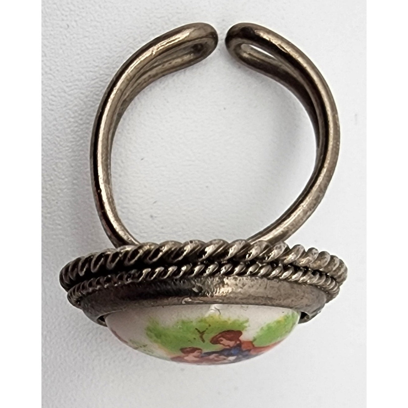 Vintage Italian Adjustable Ladies Ring Hand-Painted Scene Rope Border