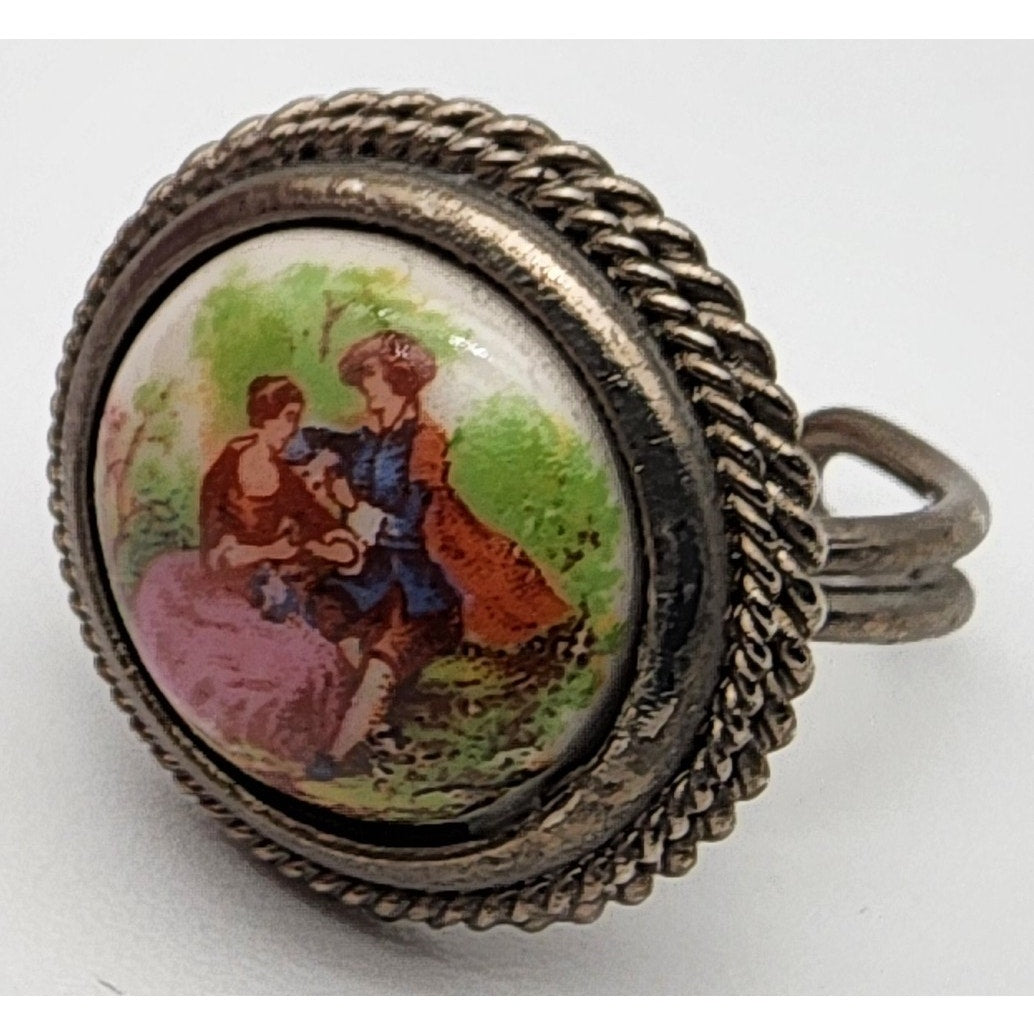 Vintage Italian Adjustable Ladies Ring Hand-Painted Scene Rope Border