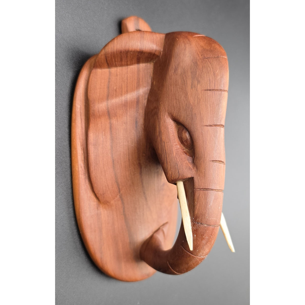Vintage Hand Carved Wood Elephant Set Wall Hanging Plaque & Mantel Figurine Art