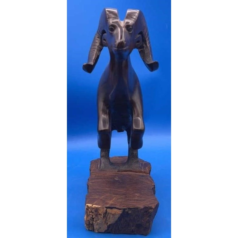 VTG Hand-Carved Solid Wood Ram Sculpture 9.75" Tall Heavy Folk Art Figurine