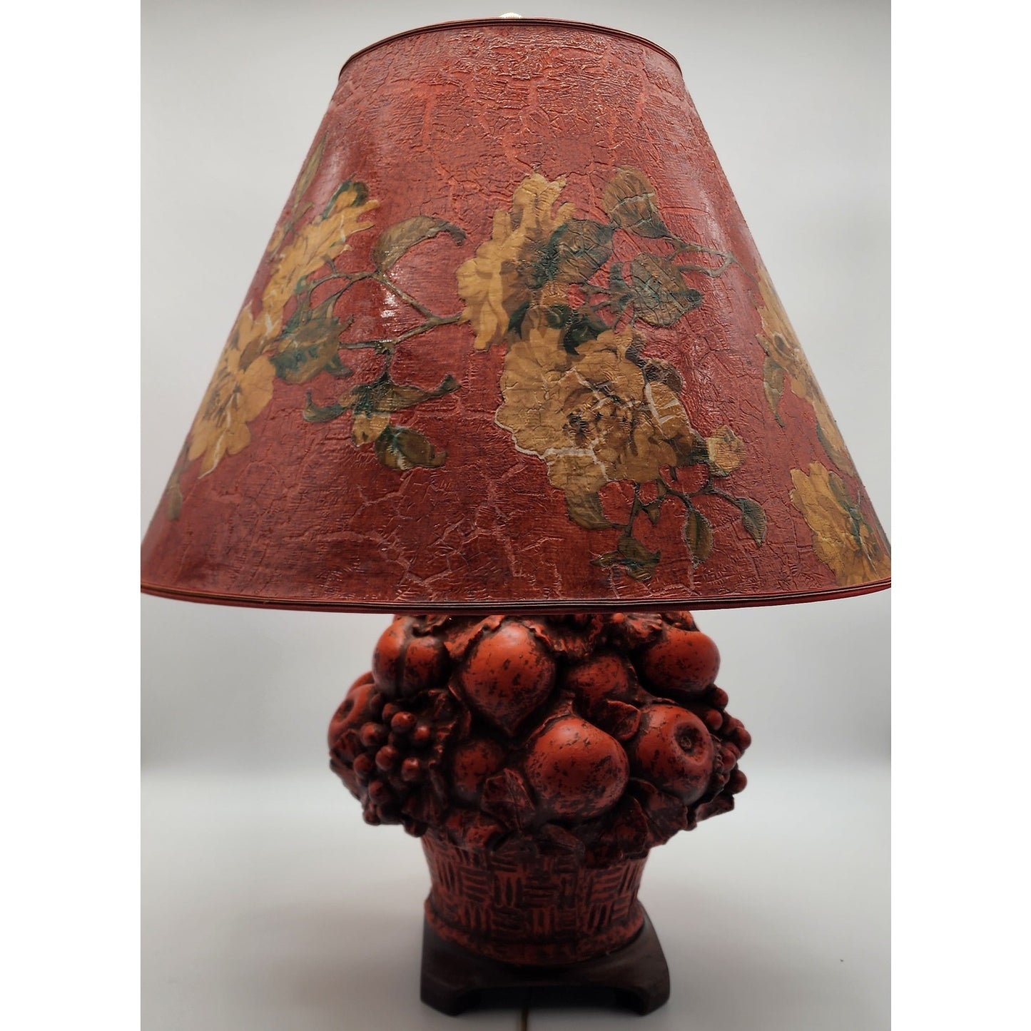 VTG 31" Fruit Basket Table Lamp w/ Floral Shade 42 lb Concrete Body Brass Finial