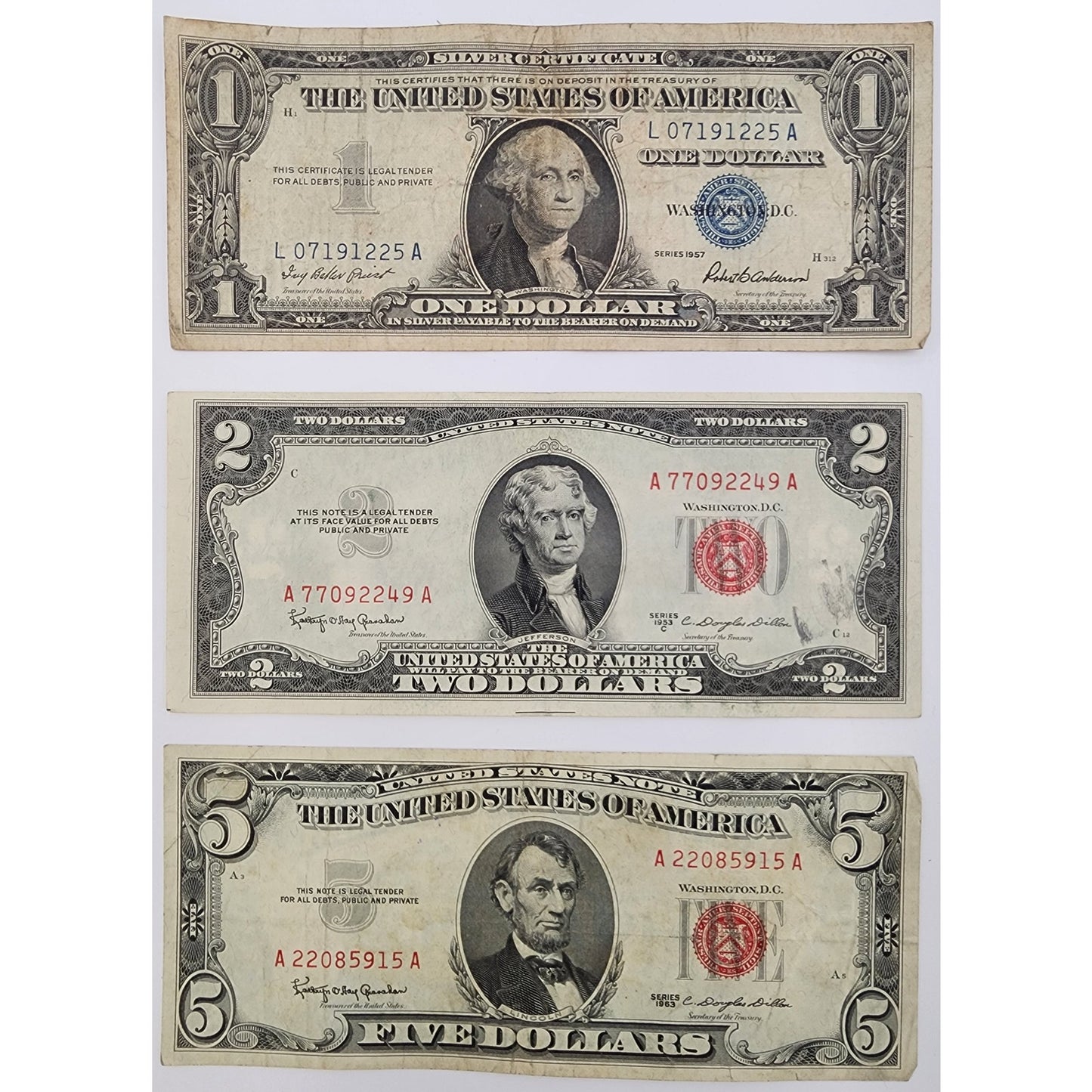 US $1 1957 Blue Seal Silver Certificate w/ $2 1957 & $5 1963 Red Seal Bills