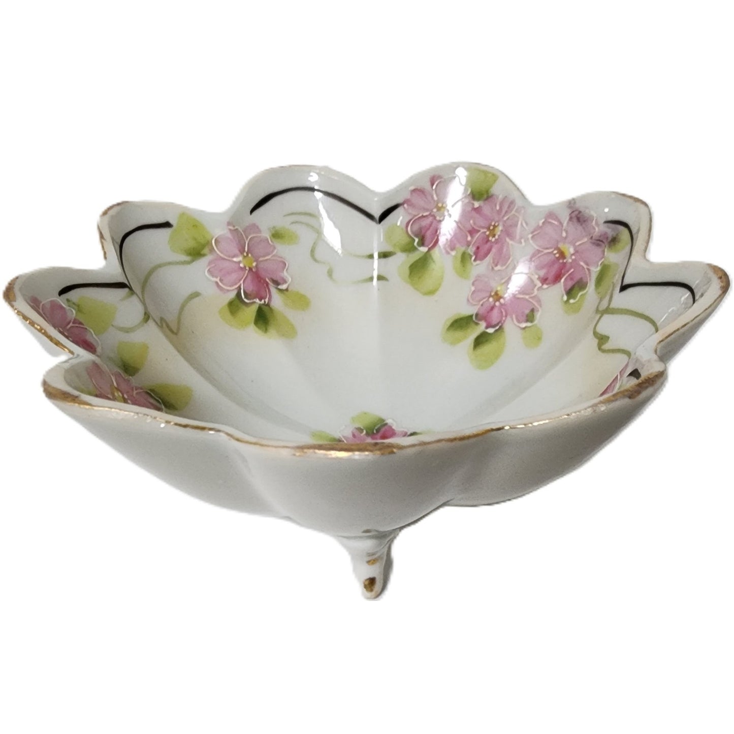 Vintage Japan Footed Dish Pink Floral Gold Gilt Scalloped Porcelain 5" Bowl