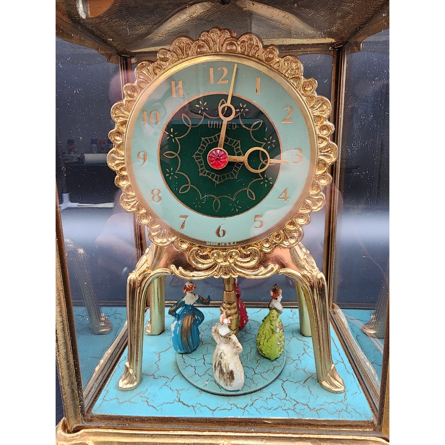 Vintage United Model 990 Brass Clock w/ Dancing Figurines & Glass Case Works