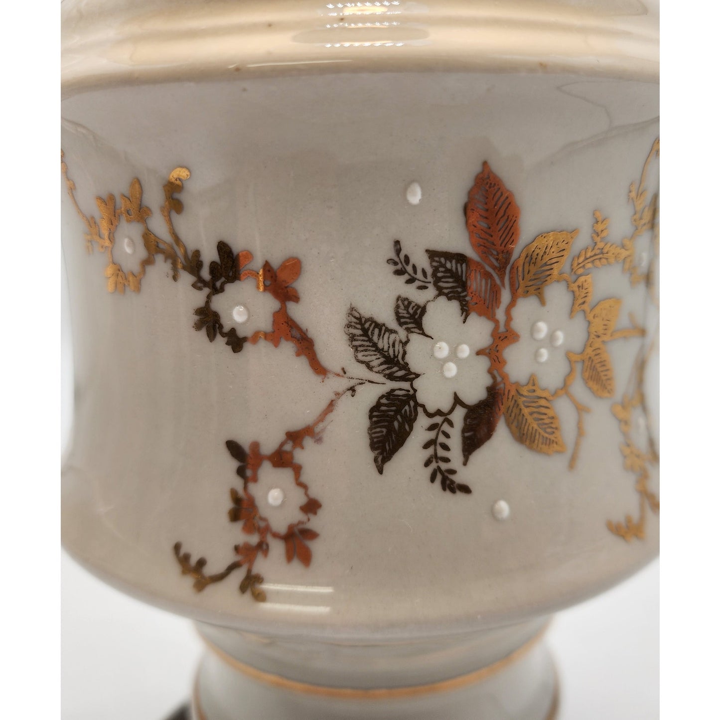 Vintage Asian Ceramic Lamp Gold Floral Relief w/ Tassel Shade 31" Tall Works