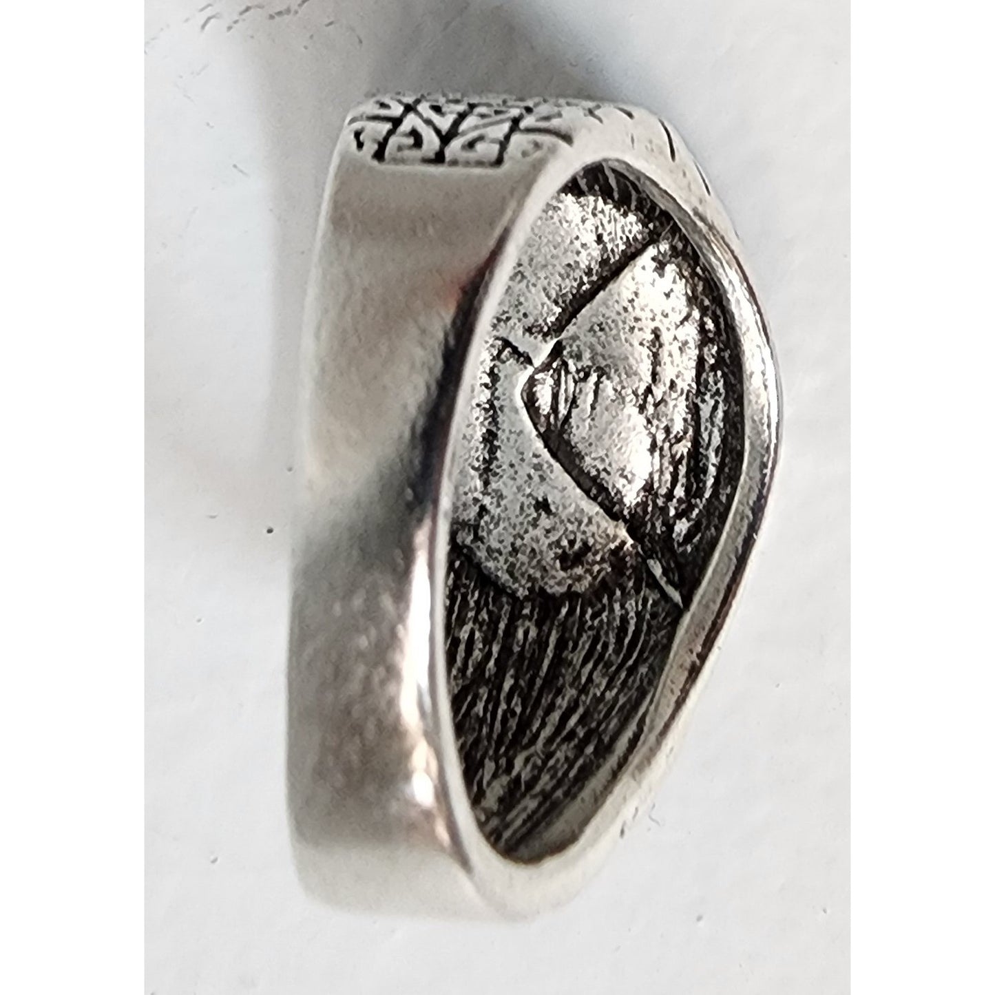 Silver Tone Geometric Ring Size 10.5 with Black Symbolic Design