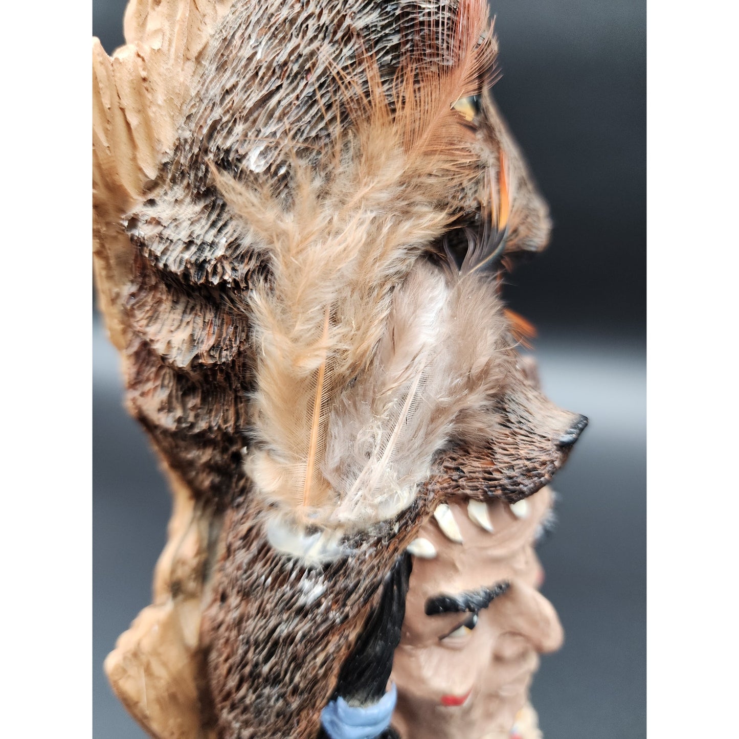 Native American Warrior Figurine w/ Wolf Fox Headdress Feathers Resin 10”