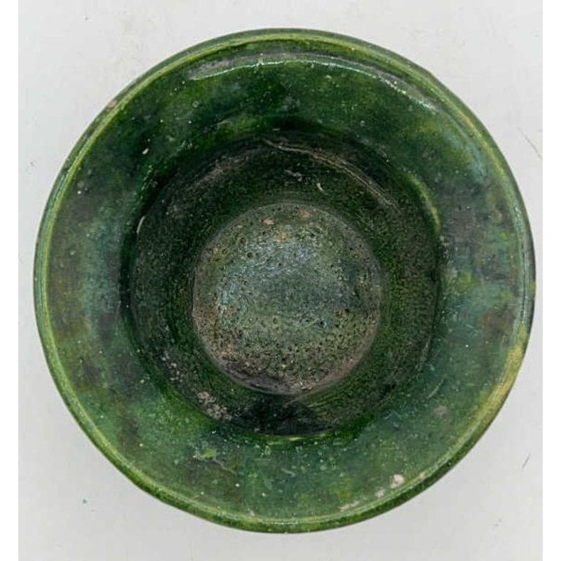 VTG Green Glazed Pottery Spittoon Vine & Floral Pattern 7.5" x 5"