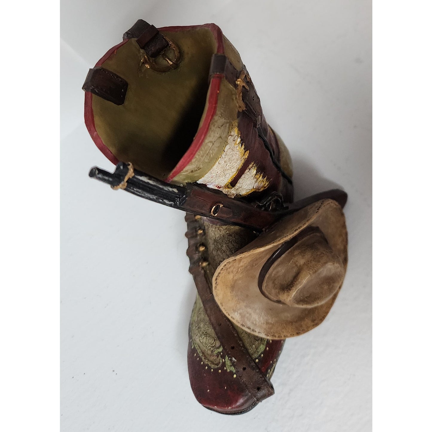 Vintage Handpainted Western Boot Figurine w/ Hat & Rifle Resin Hand Painted 5.5"
