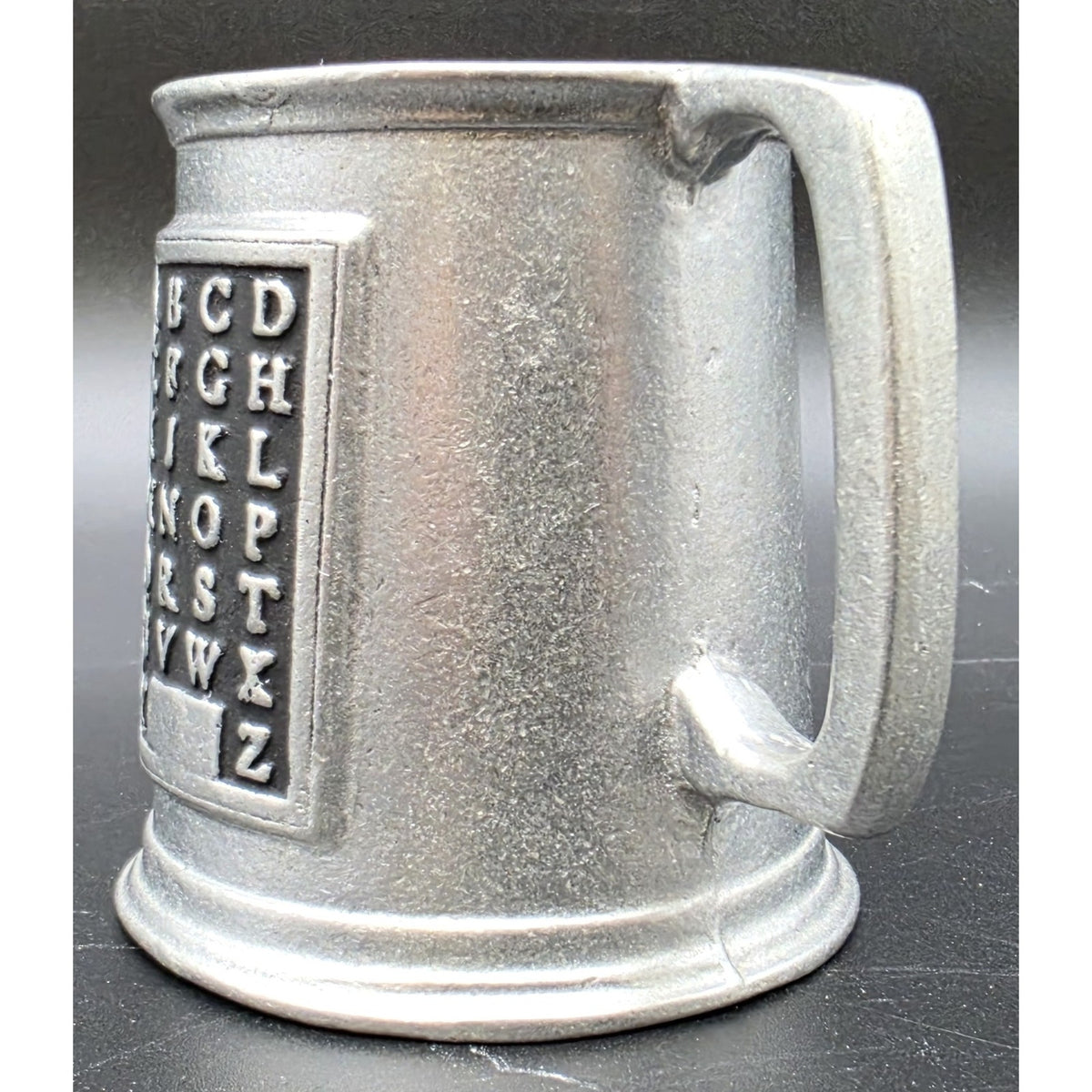Vintage Solid Pewter Alphabet Cup Mug Heavy Metal ABC Hornbook Sampler Style
