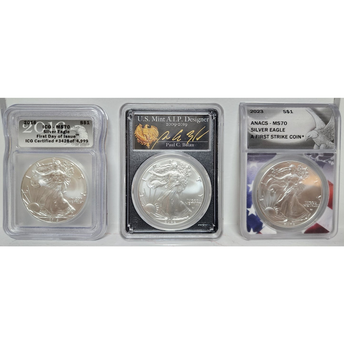 Perfect MS70 Silver Eagle 3‑Coin Set PCGS ICG ANACS FDOI FS Signed & Gift Boxed