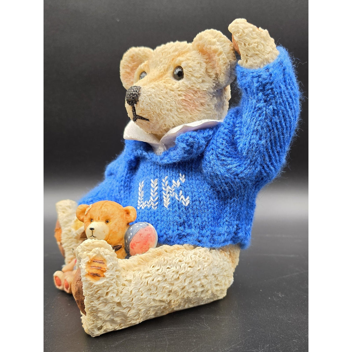 Vintage UK Bear Figurine Knit Royal Blue Sweater Cross Stitch UK Basketballs 8"