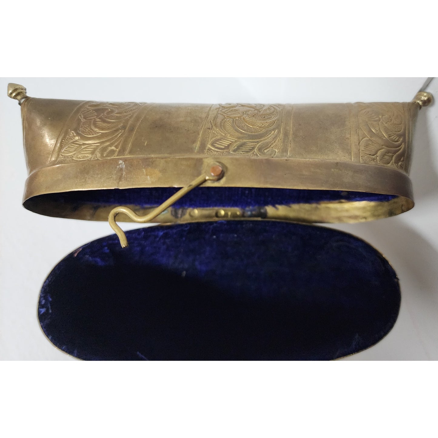 Vintage Brass Pillow Purse w/ Engraved Panels & Purple Velvet Lining