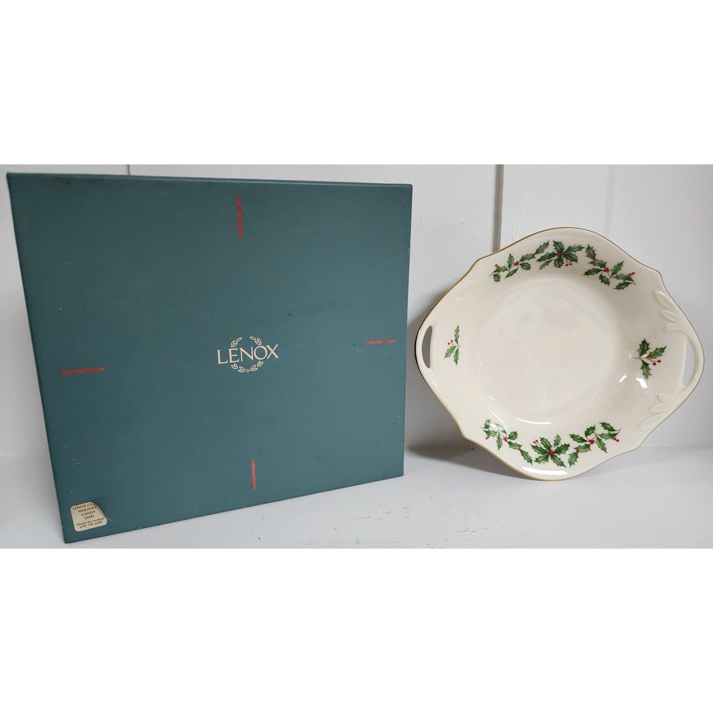 Lenox Holiday Candy Dish 24K Gold Trim Scalloped Rim w/ Box Vintage Christmas