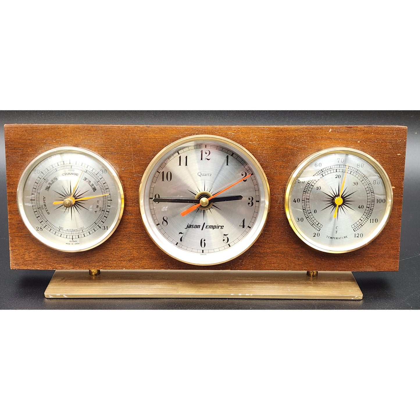 Vintage Jason Empire Weather Station Wood & Brass Quartz Clock Thermometer