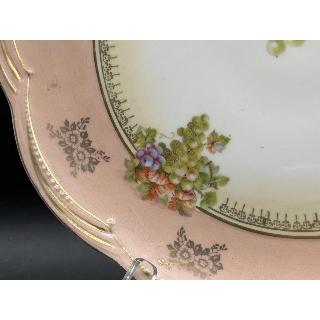 Antique German Porcelain Bowl Grapes Gold Trim Pink Rim Scalloped 12"