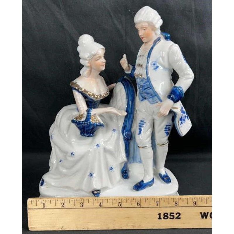 Victorian Style Blue White Porcelain Figurine Couple, Gold Accents, Hand Painted
