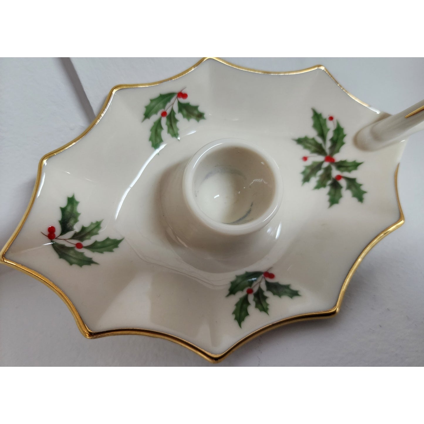 Lenox Holiday Candle Holder Ivory Porcelain 24K Gold Rim Holly Berry Design