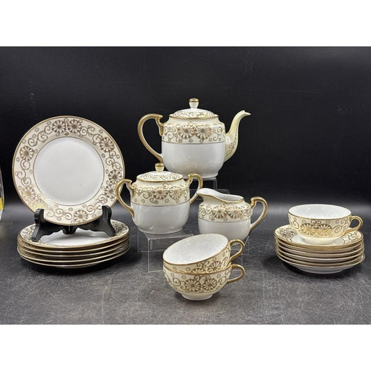 Vintage Japanese Tea Set | Eggshell Lusterware Cups + Porcelain Teapot & Serving Pieces | Gold Floral | Mid-Century Elegance