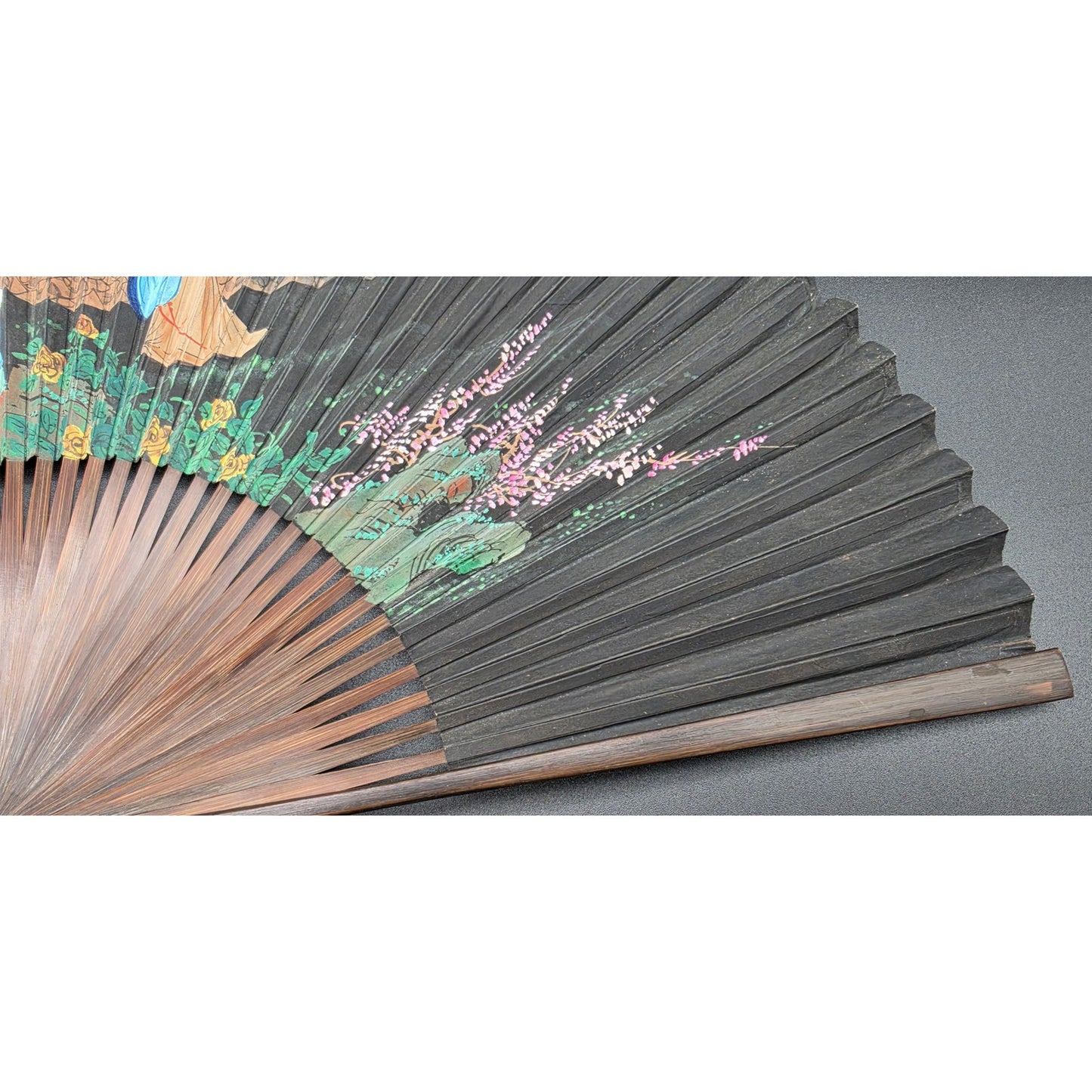 Vintage Chinese Hand Painted Folding Fan Dragon Painting Legend Wood Frame 20.5"
