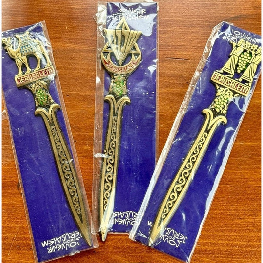 Vintage Jerusalem Brass Letter Opener Set – Enamel, Camel, Menorah, Israel