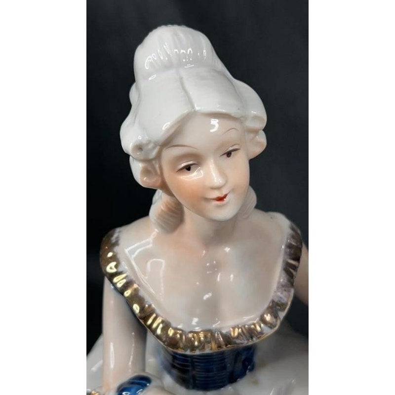 Victorian Style Blue White Porcelain Figurine Couple, Gold Accents, Hand Painted