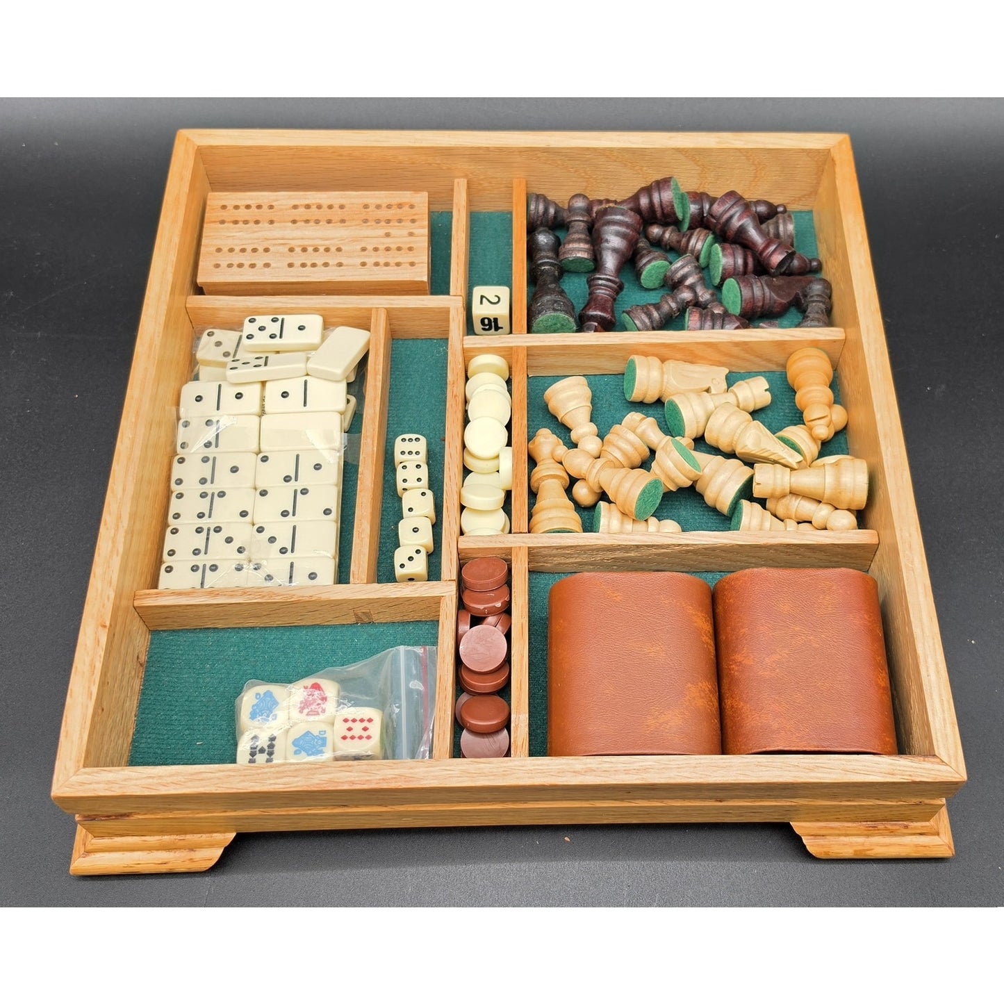 Vintage Wood Multi‑Game Set Chess Backgammon Cribbage Dominoes Dice 12x12