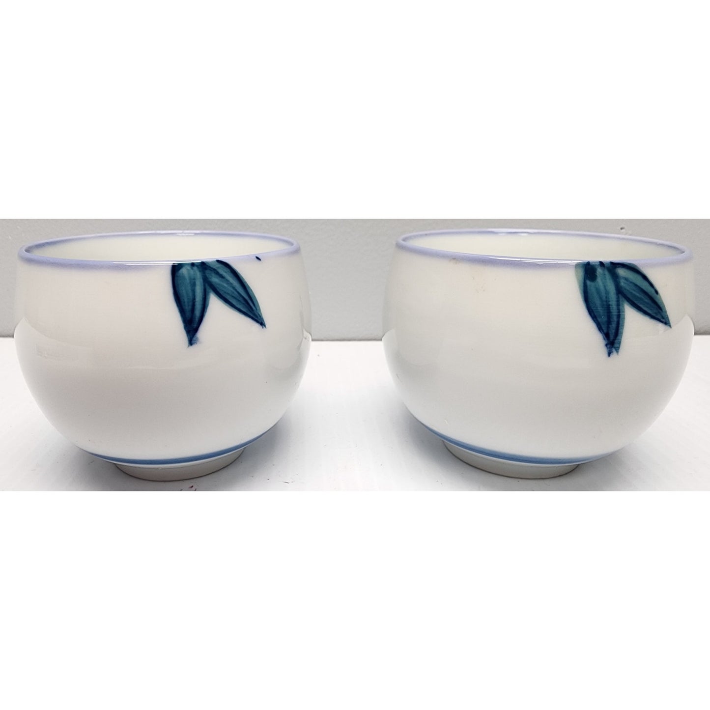Vintage Japanese Porcelain Rice Bowls Set of 2 Blue Rim Hand Painted 3" Heavy