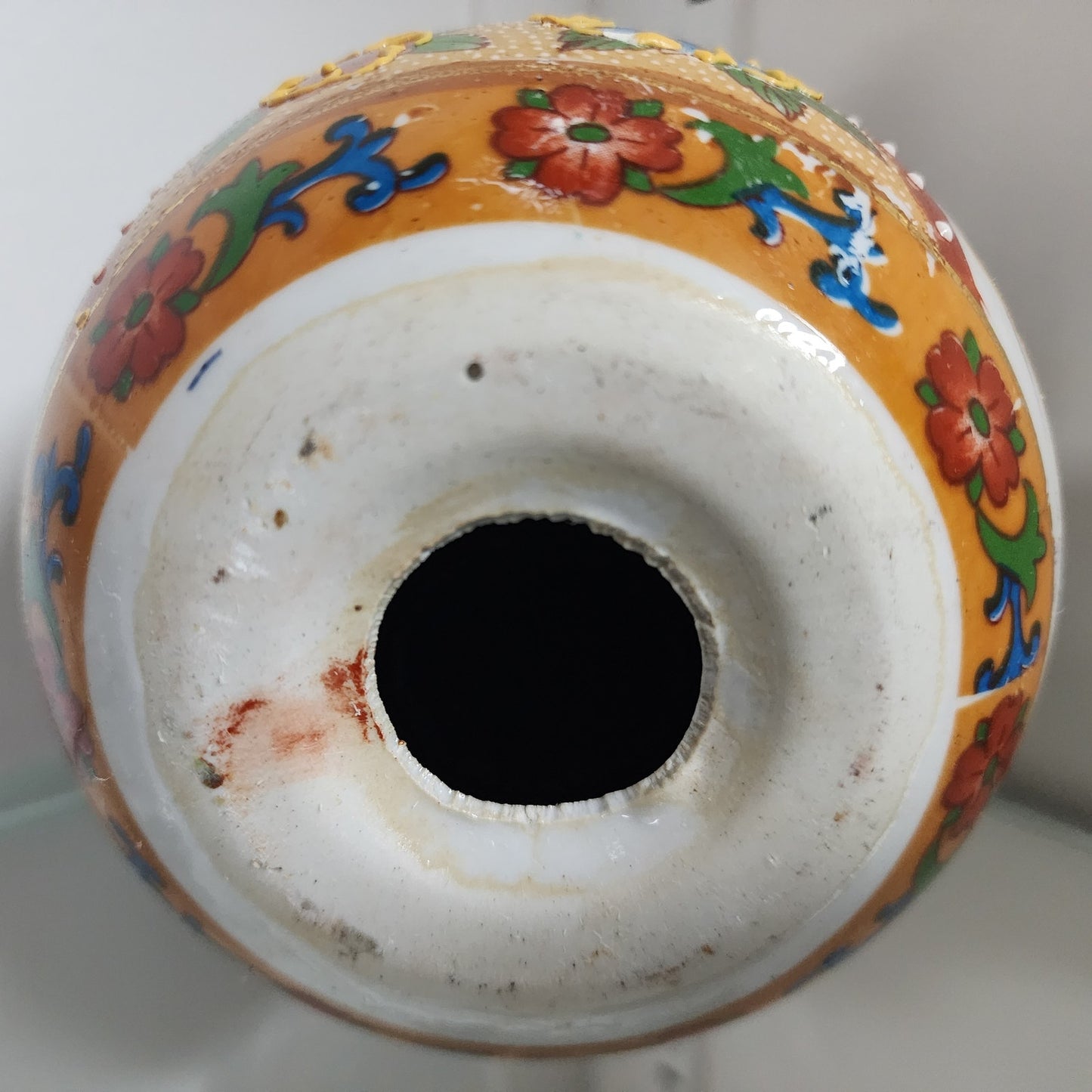 Japanese Porcelain Egg w/ Geisha Garden Scene Gold Gilt Raised Relief -Wood Base