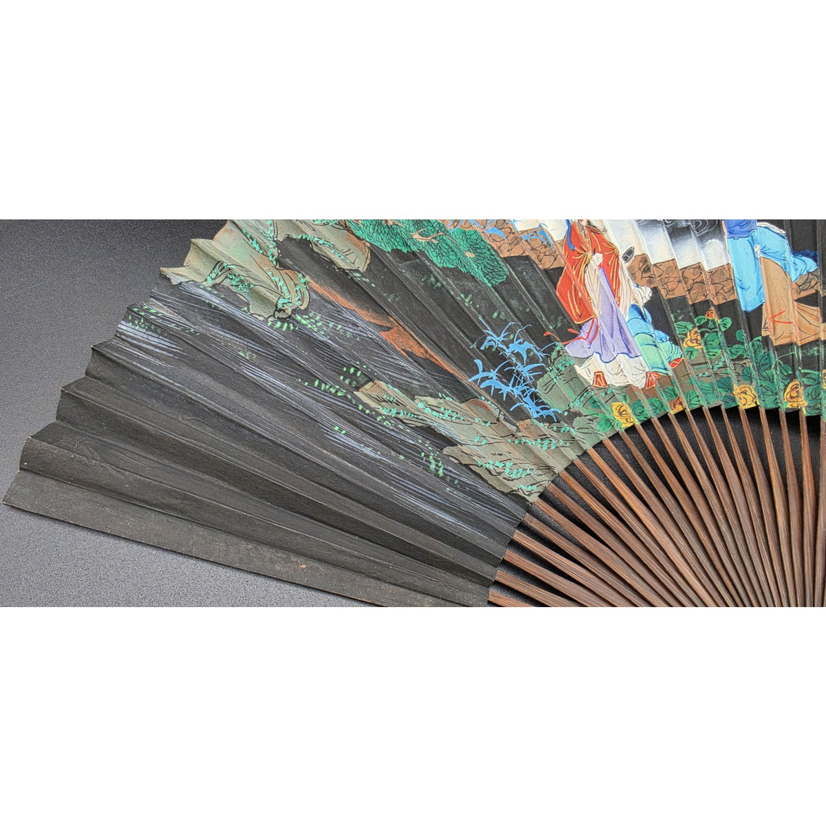 Vintage Chinese Hand Painted Folding Fan Dragon Painting Legend Wood Frame 20.5"