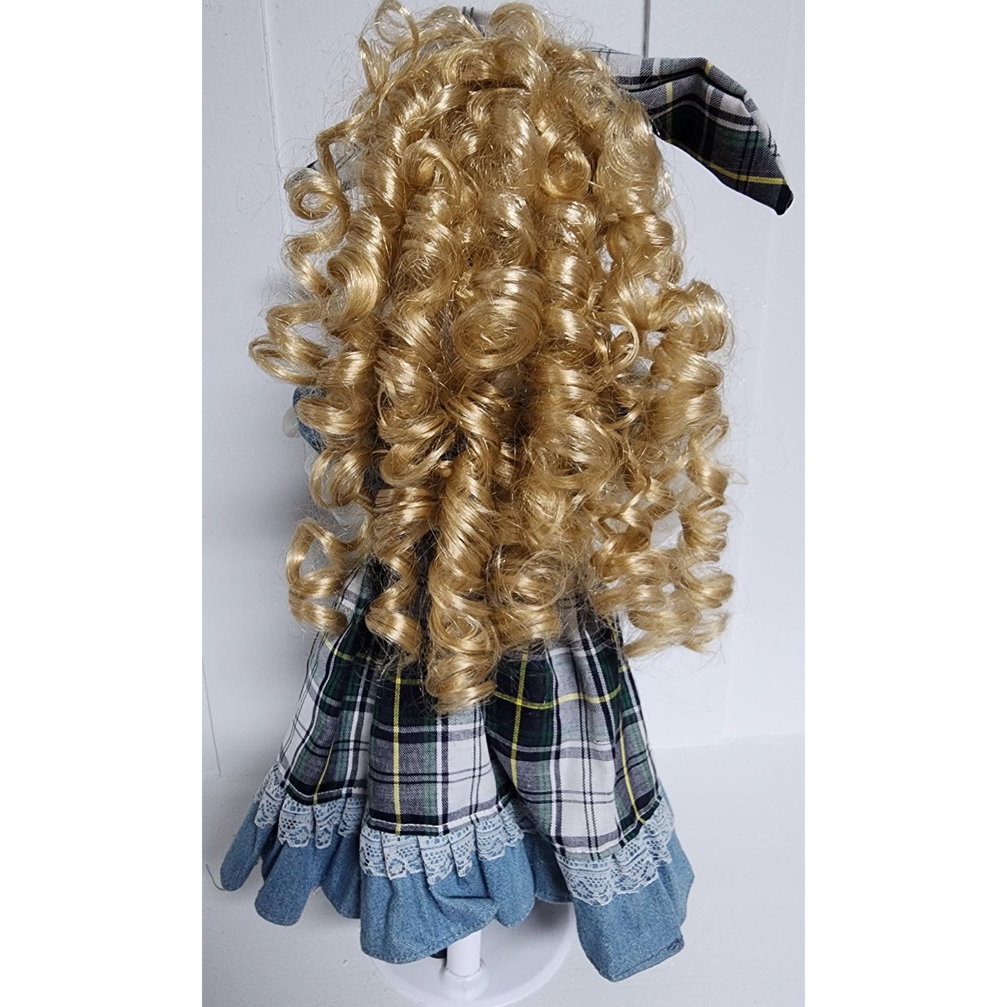 Vintage Tender Heart Treasures Porcelain Doll Plaid Dress Blonde Curls w/ Stand