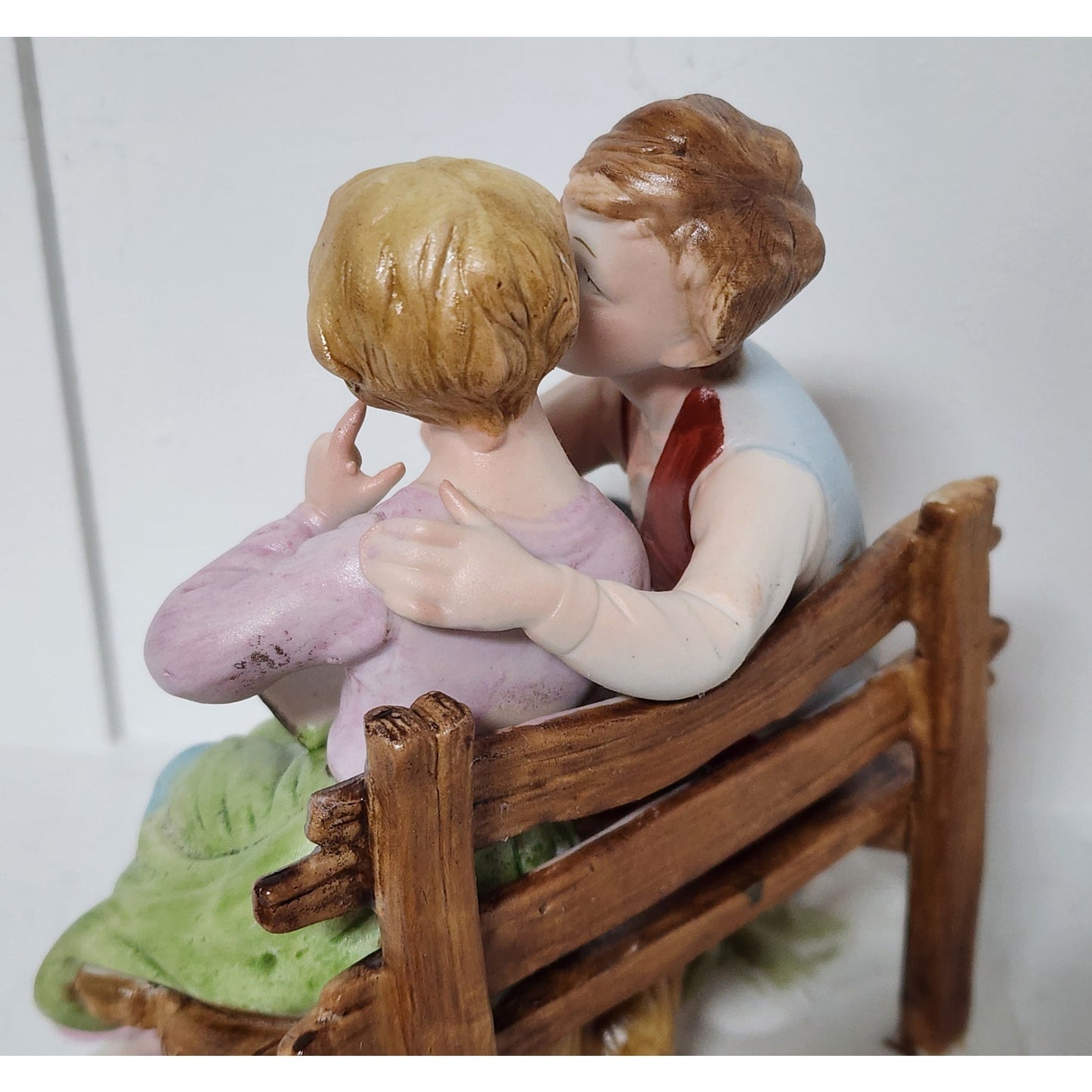 Vintage Boy Whispering to Girl On Bench Figurine Hand Painted on Bench 6"