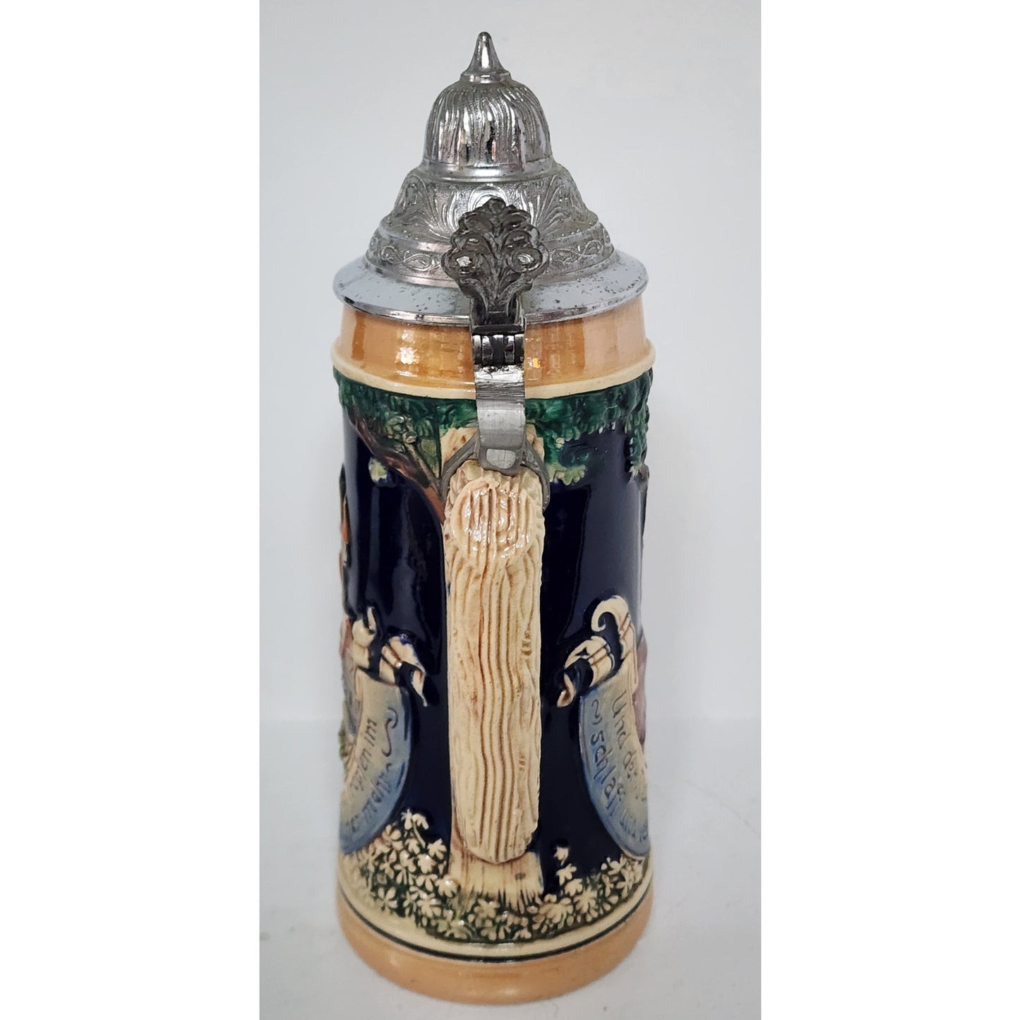 Vintage German Beer Stein Pewter Lid Hand Painted Relief 9.5" Heavy Ceramic