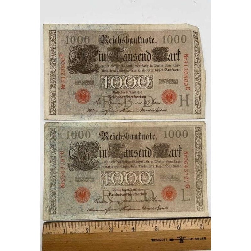 2× 1910 Germany 1000 Mark Reichsbanknote Berlin Red Seal Pre-WWI Rare Pair