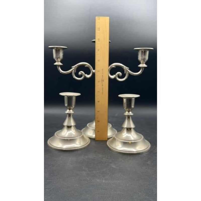 Vintage Silver 3-Pc Candle Holder Set – Ornate 3-Arm Candelabra & 2 Single Holders