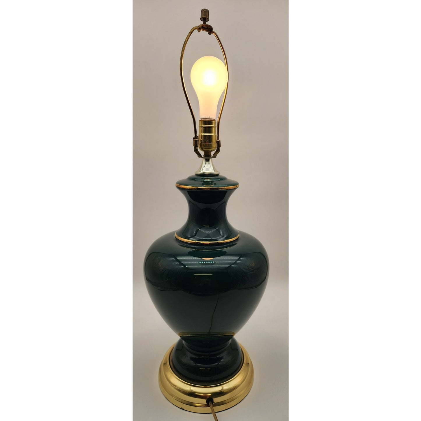 Vintage Forest Green Ceramic Lamp & Shade 30.25"H w/22K Gold Floral 3Way Switch