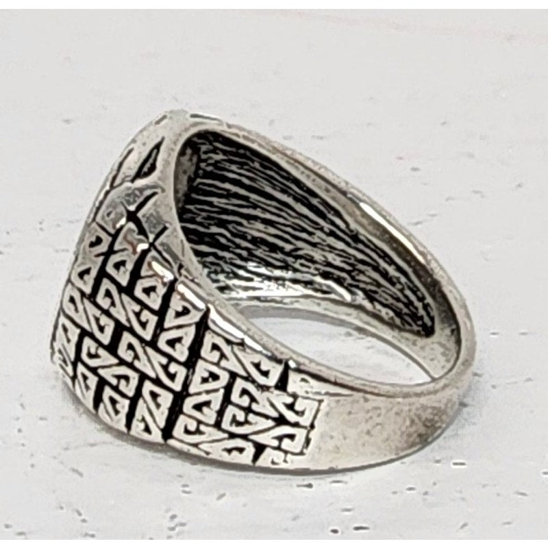 Silver Tone Geometric Ring Size 10.5 with Black Symbolic Design
