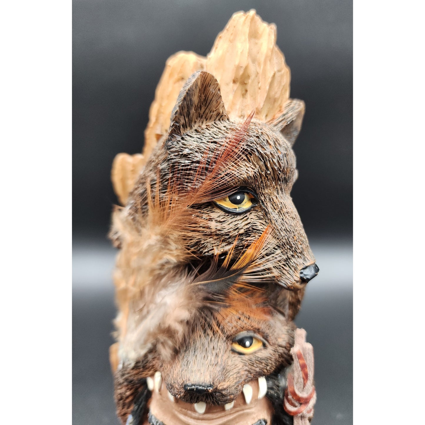 Native American Warrior Figurine w/ Wolf Fox Headdress Feathers Resin 10”